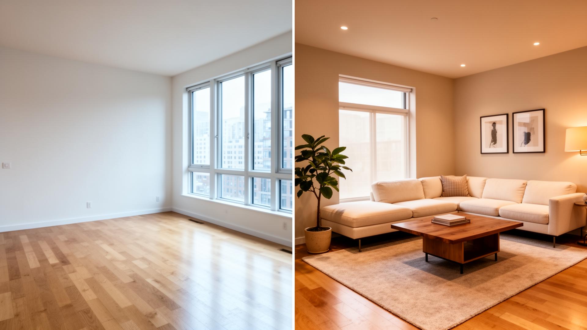 Before and after AI virtual staging — empty room transformed with furniture